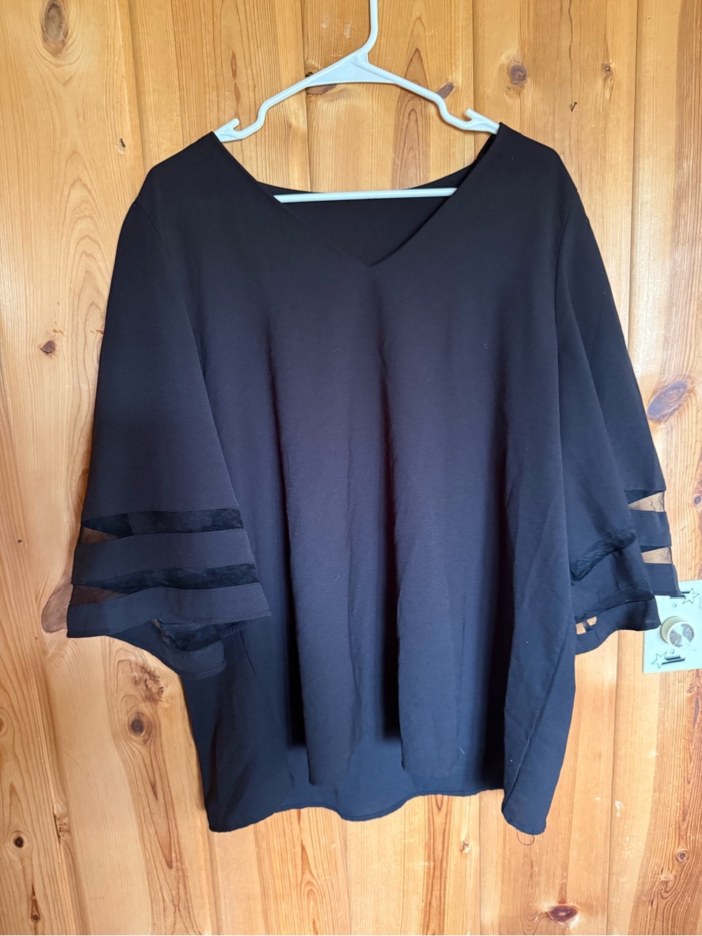 Black V-Neck Women's Top with Sheer Trim Sleeves